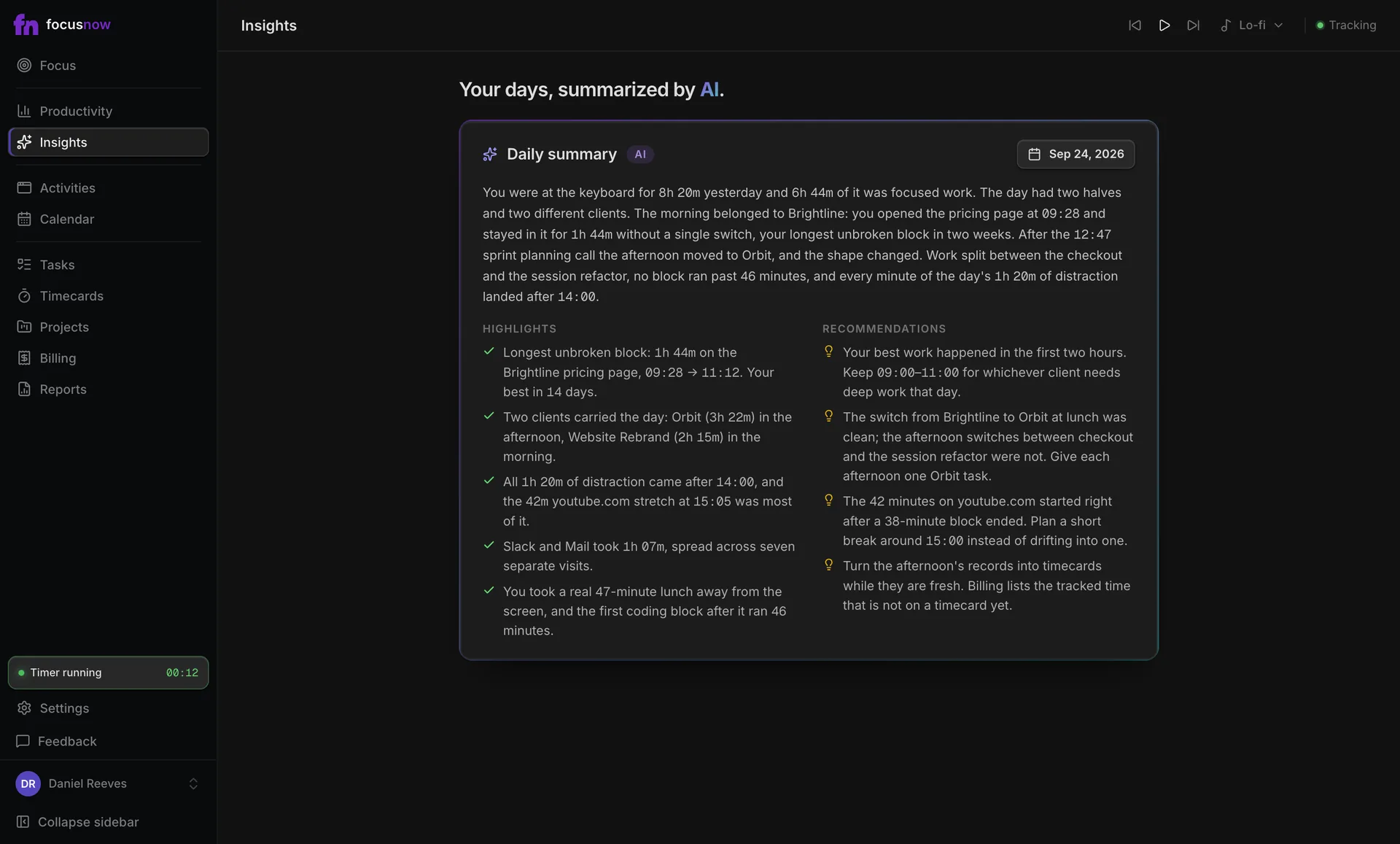 Recommendations from an AI daily report, such as keeping the first two hours for deep work