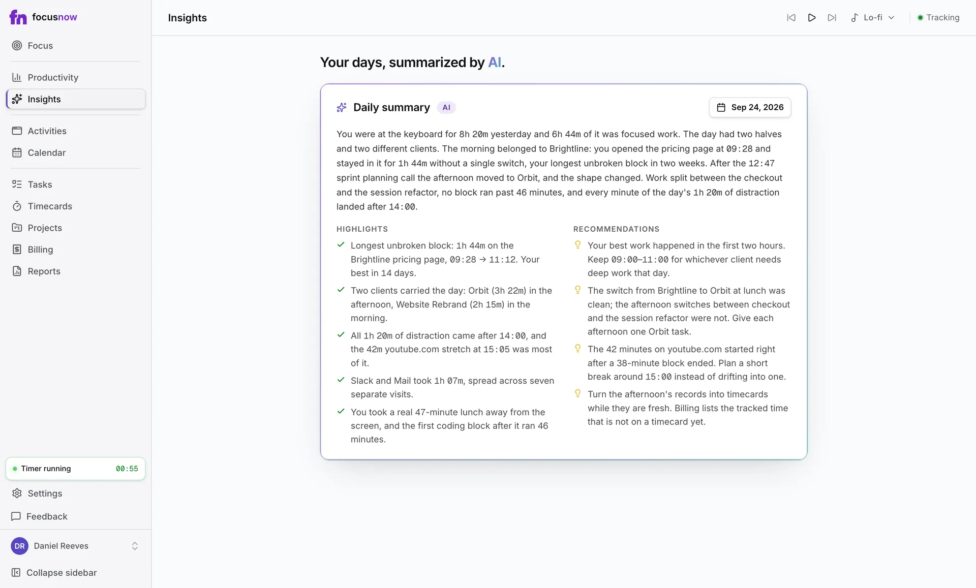 Recommendations from an AI daily report, such as keeping the first two hours for deep work